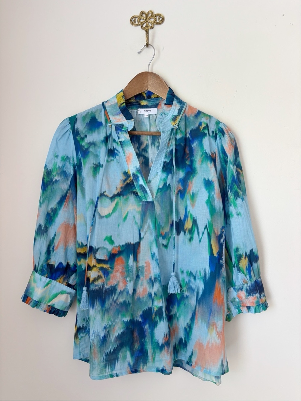 Suncoo Paris Blue Ikat Cotton Blouse Top Sz T3 Medium